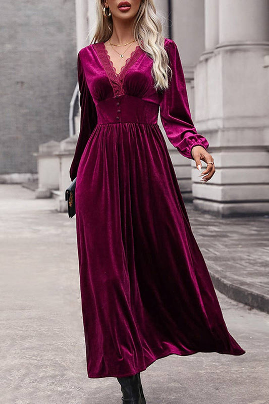 CWDMD4815_SOLID COLOR HIGH-GRADE VELVET LONG-SLEEVED DRESS