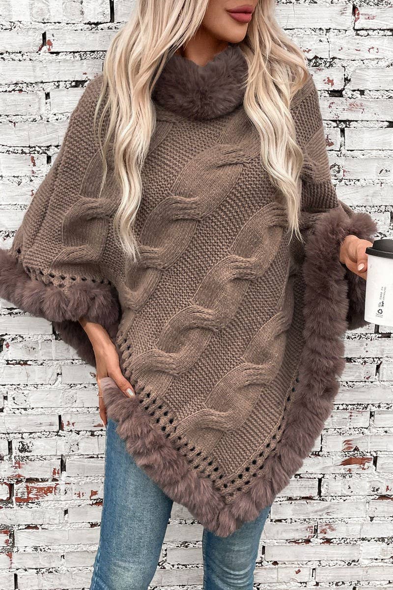 CWOSWL2803_FUR COLLAR THICK CABLE PULLOVER SWEATER CAPE