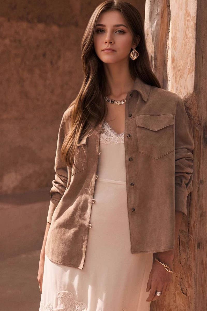 CWOCO1284_MULTI-POCKET LAPEL CASUAL SUEDE JACKET