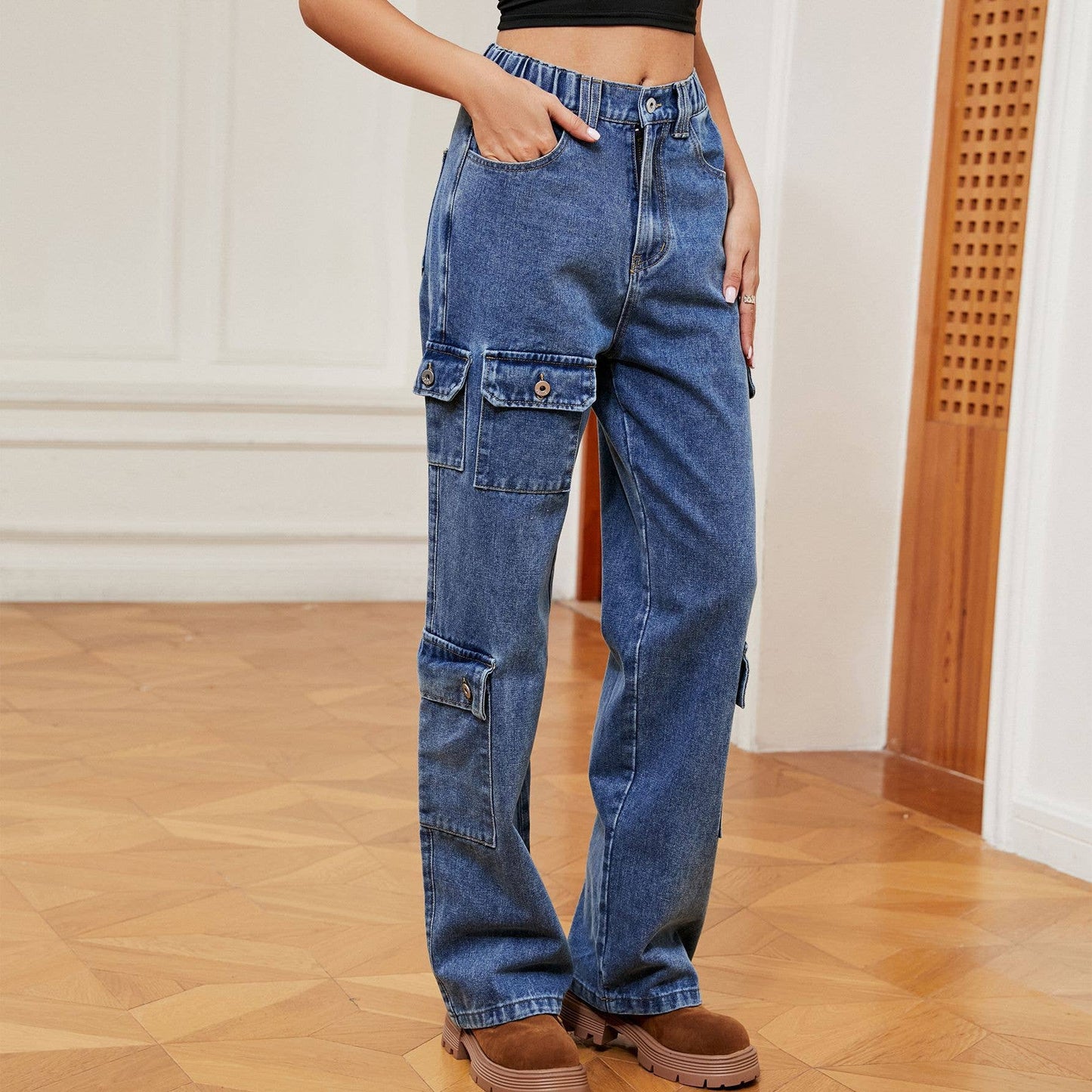 Semi-elastic personalized denim cargo pants