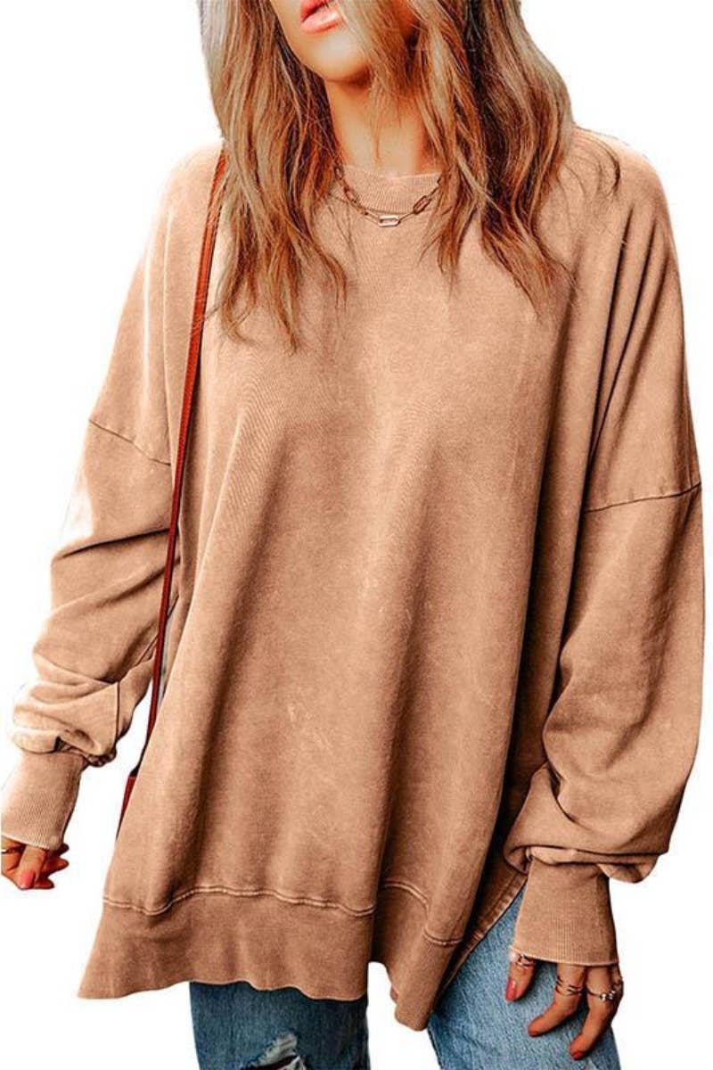 CWOHOL1055_SOLID COLOR CREW-NECK LONG-SLEEVED SLIT HOODIE