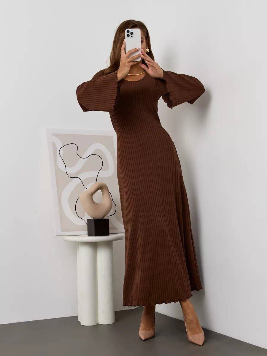 Loose U collar back strap flared sleeve dress