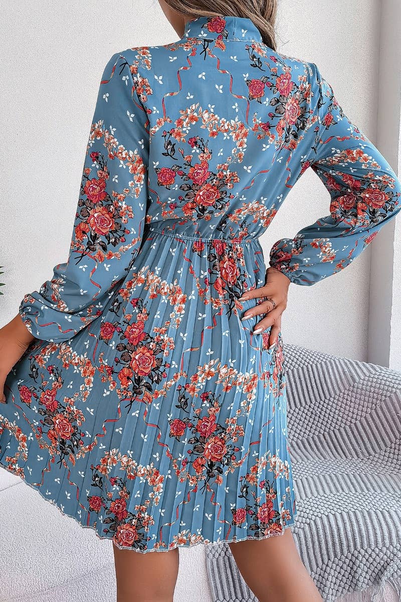 CWDSD6429_FLORAL LACE-UP LONG-SLEEVED PLEATED DRESS