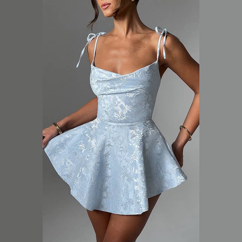 Lace-up jacquard halter top A-tie dress