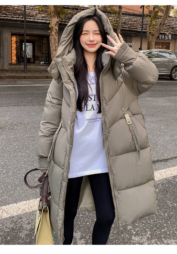 Warm hooded thick long pure color quilted jacket