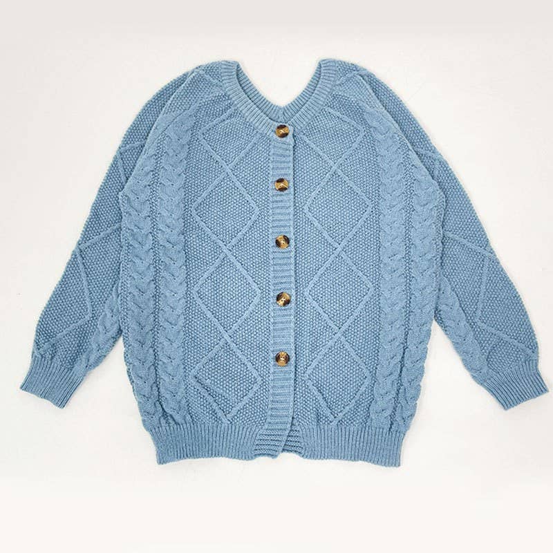 Solid-color diamond-check loose knitted cardigan