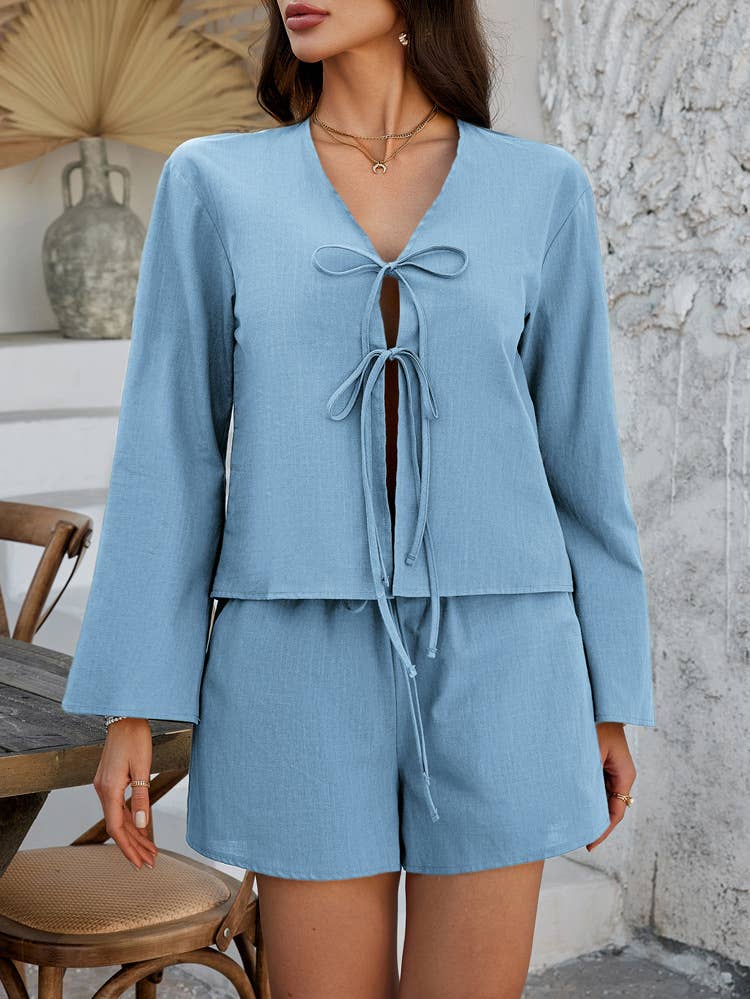 Lace-up cardigan shorts casual solid color suit
