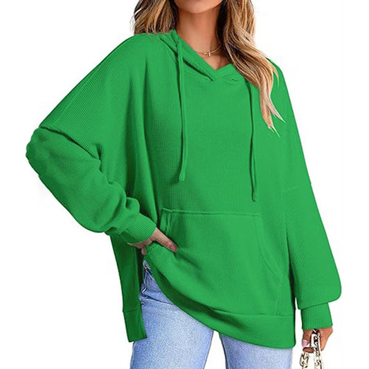 WOMEN'S LONG-SLEEVED WAFFLE POCKET HOODED JUMPER