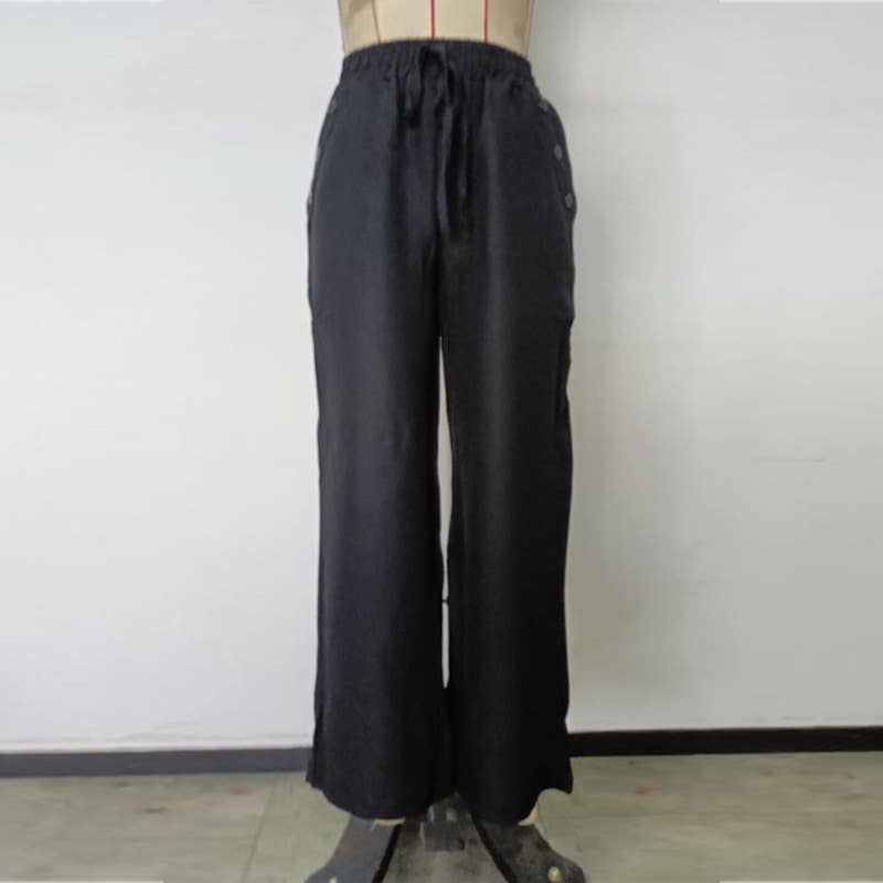 High Waist Elastic Straight Pants with Pockets