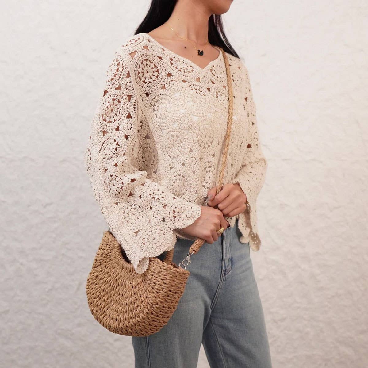 SOLID COLOR SEMI-CIRCLE HANDMADE STRAW BAG_CWAB4696