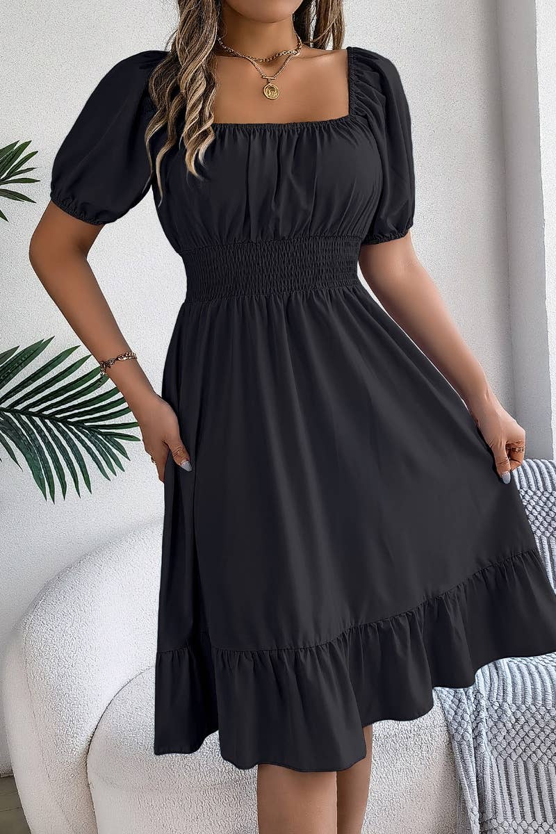 CWDSD4632_SQUARE NECK SHORT SLEEVE WAIST PEPLUM DRESS