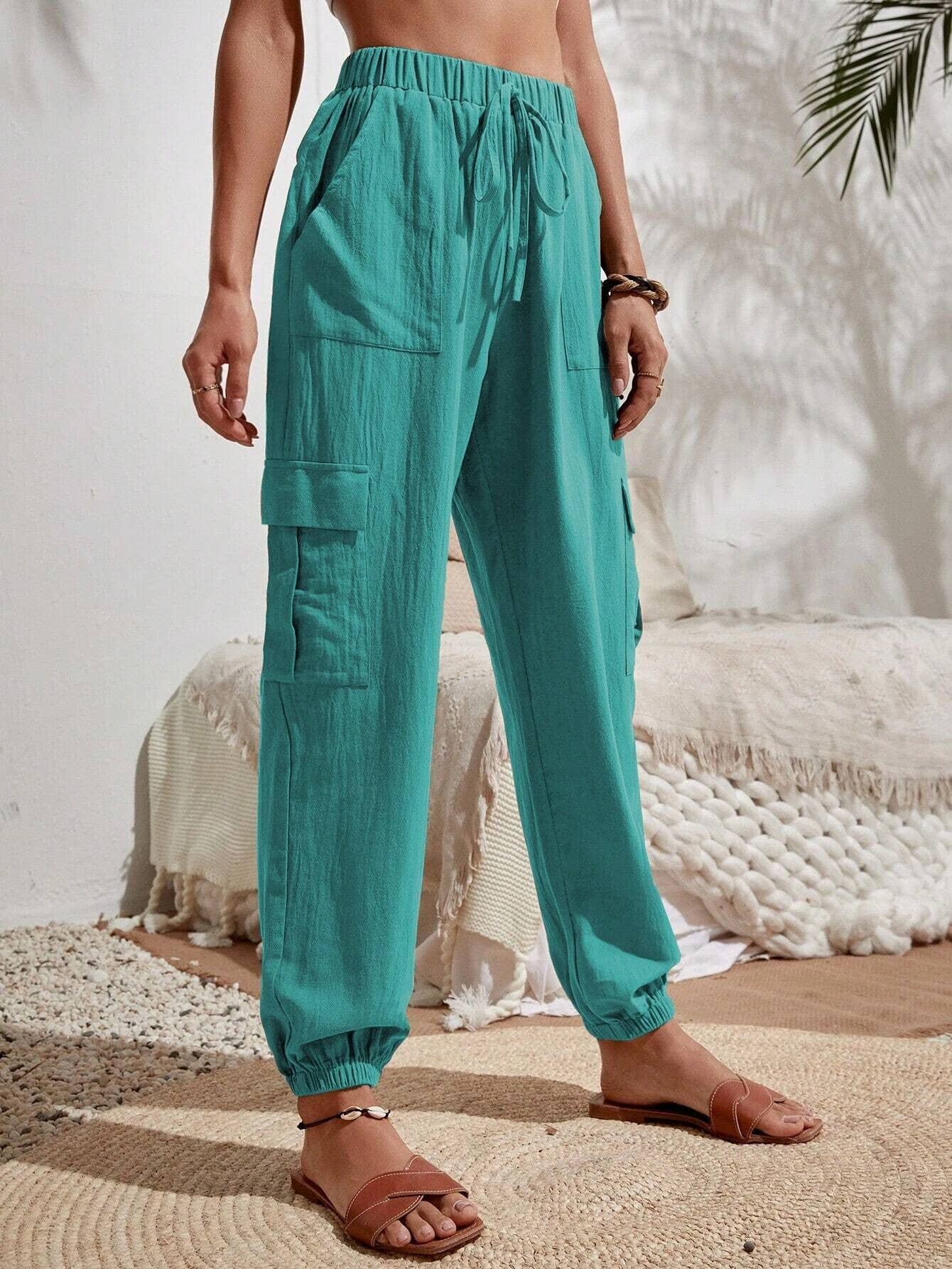 Wash water crepe pocket casual cargo pants
