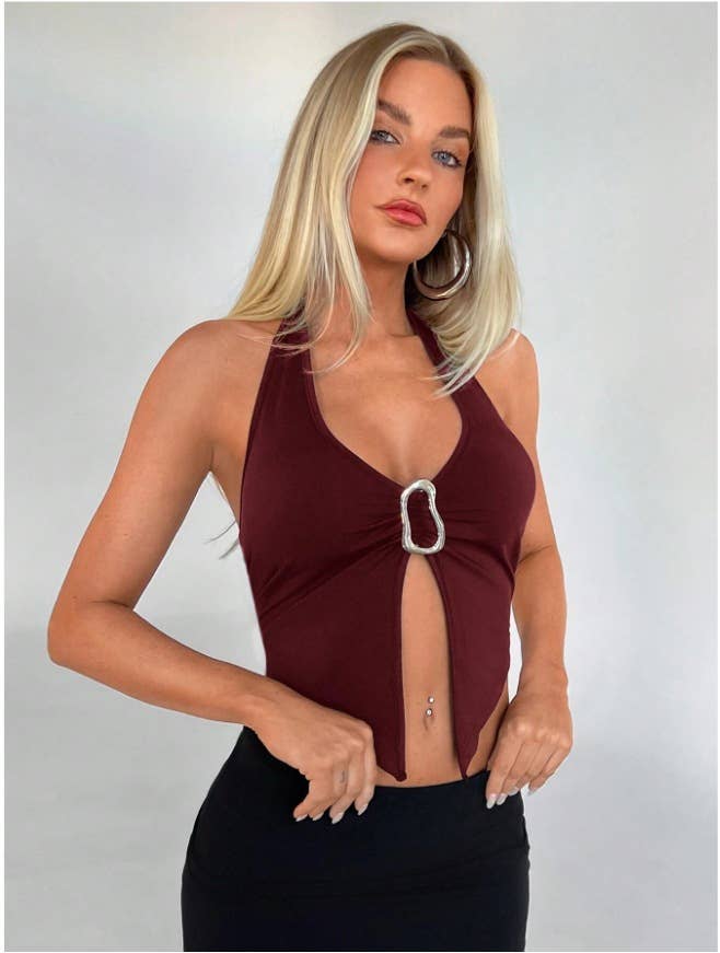 Solid-colored sleeveless V-neck sexy cross top