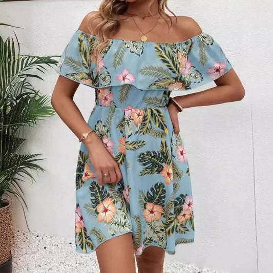 A fashionable printed one-shoulder ruffled dress