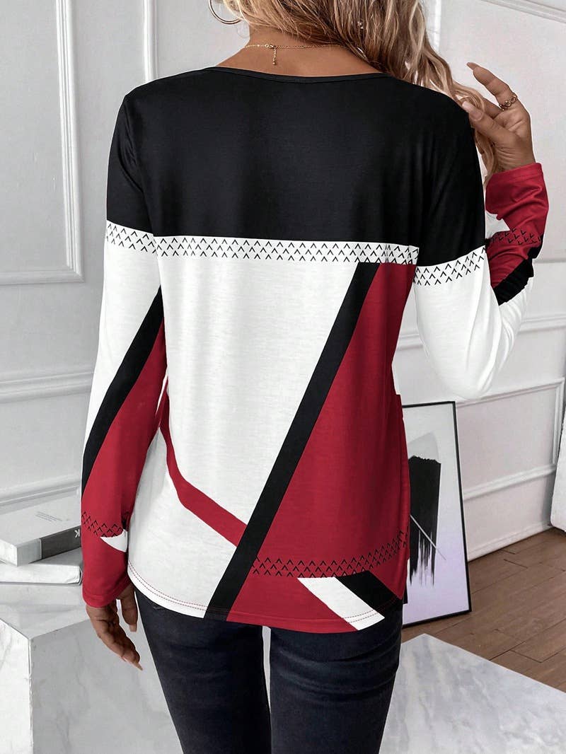 Round-neck color-blocking geometric print top