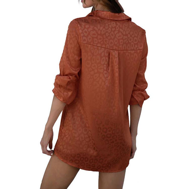 Satin long-sleeved jacquard leopard print shirt