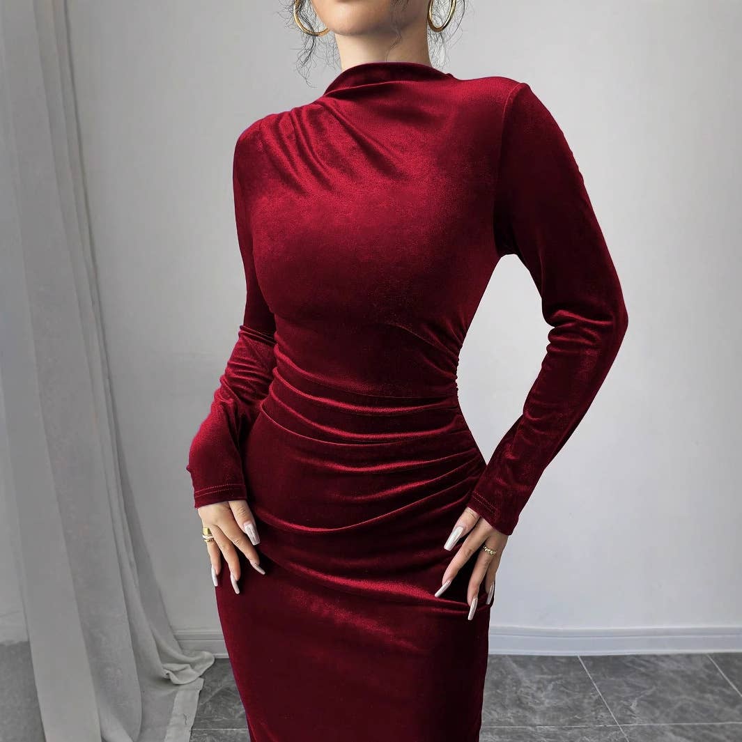 TEMPERAMENT SOLID COLOR SLIM HIGH WAIST DRESS