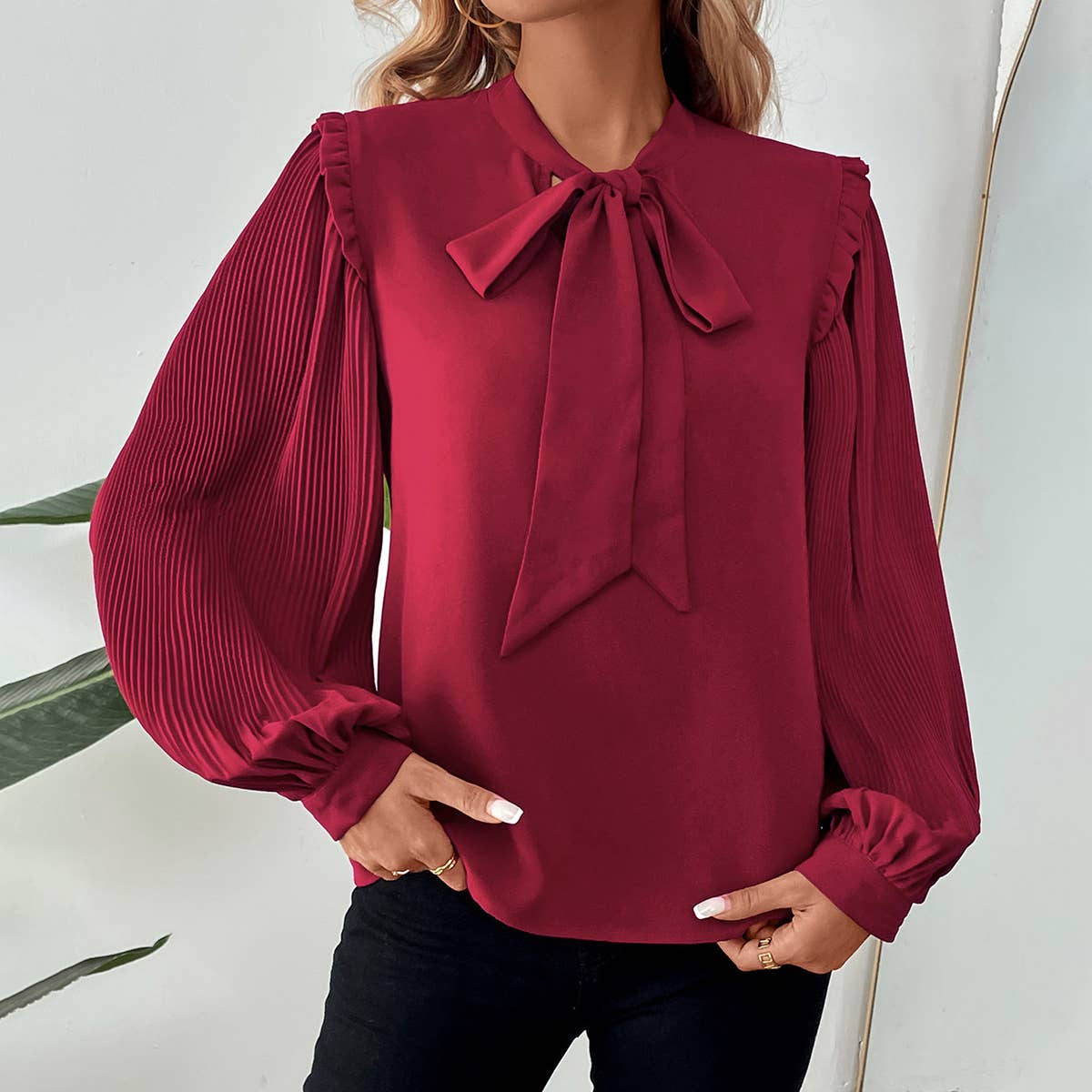 SOLID COLOR TEMPERAMENT BOW COLLAR SHIRT