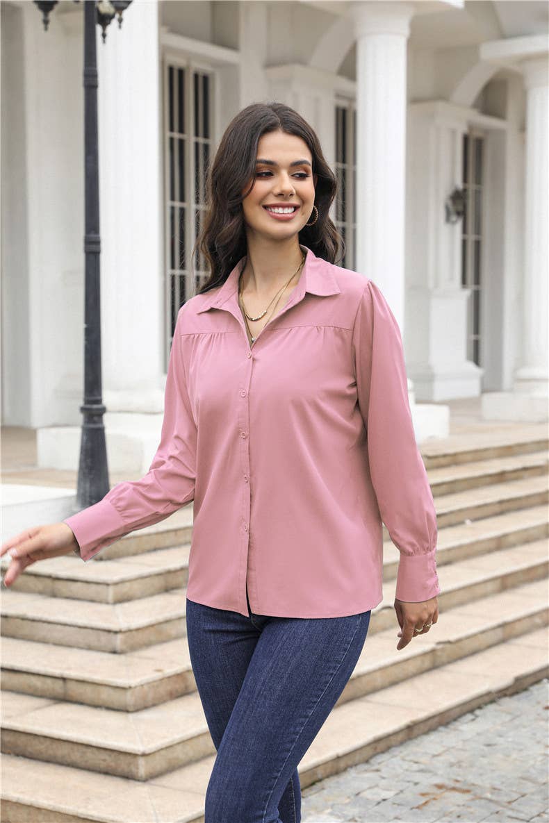 Lantern-sleeve pleated stand collar loose shirt