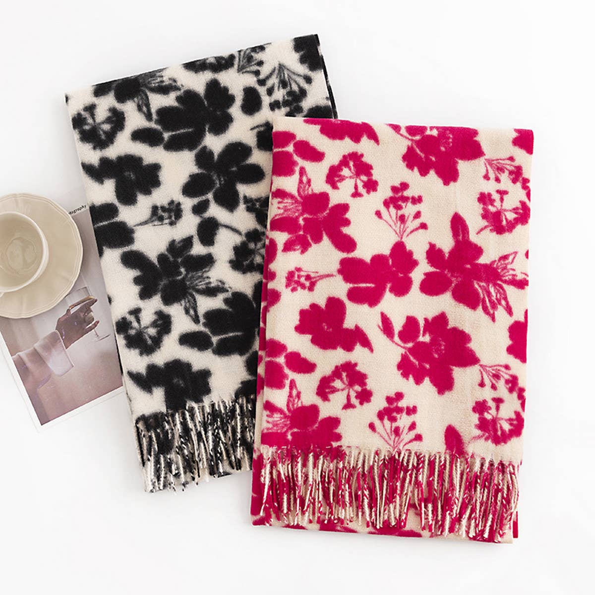 Rose Print Faux Cashmere Scarf for Women - Winter