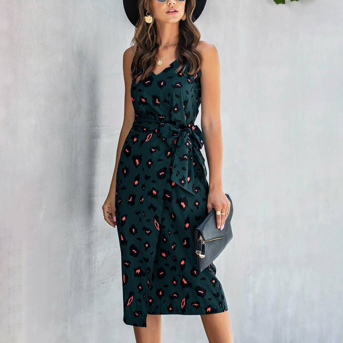 Leopard print split strap slip dress