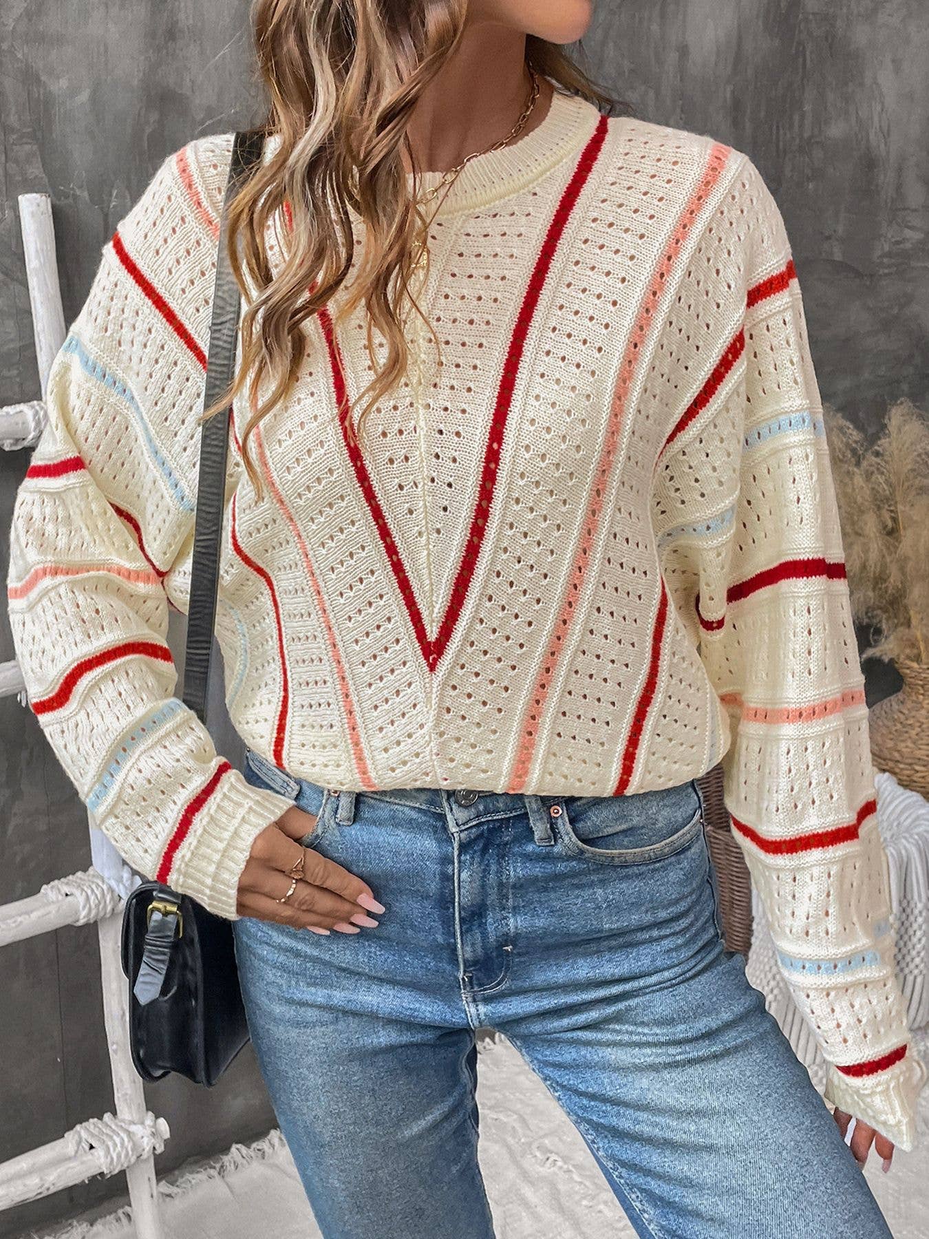 STRIPED SWEATER CREW NECK PULLOVER SWEATER