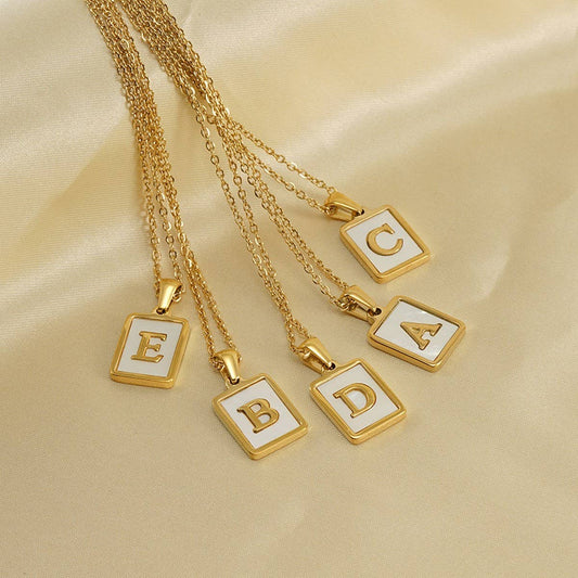 CWAJE1917_Square Stainless Steel White Shell Letter Necklace