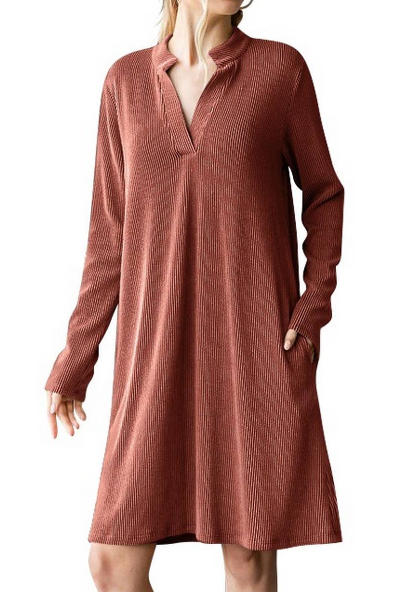 CWDSD6681_SOLID COLOR V-NECK LONG SLEEVE LOOSE DRESS