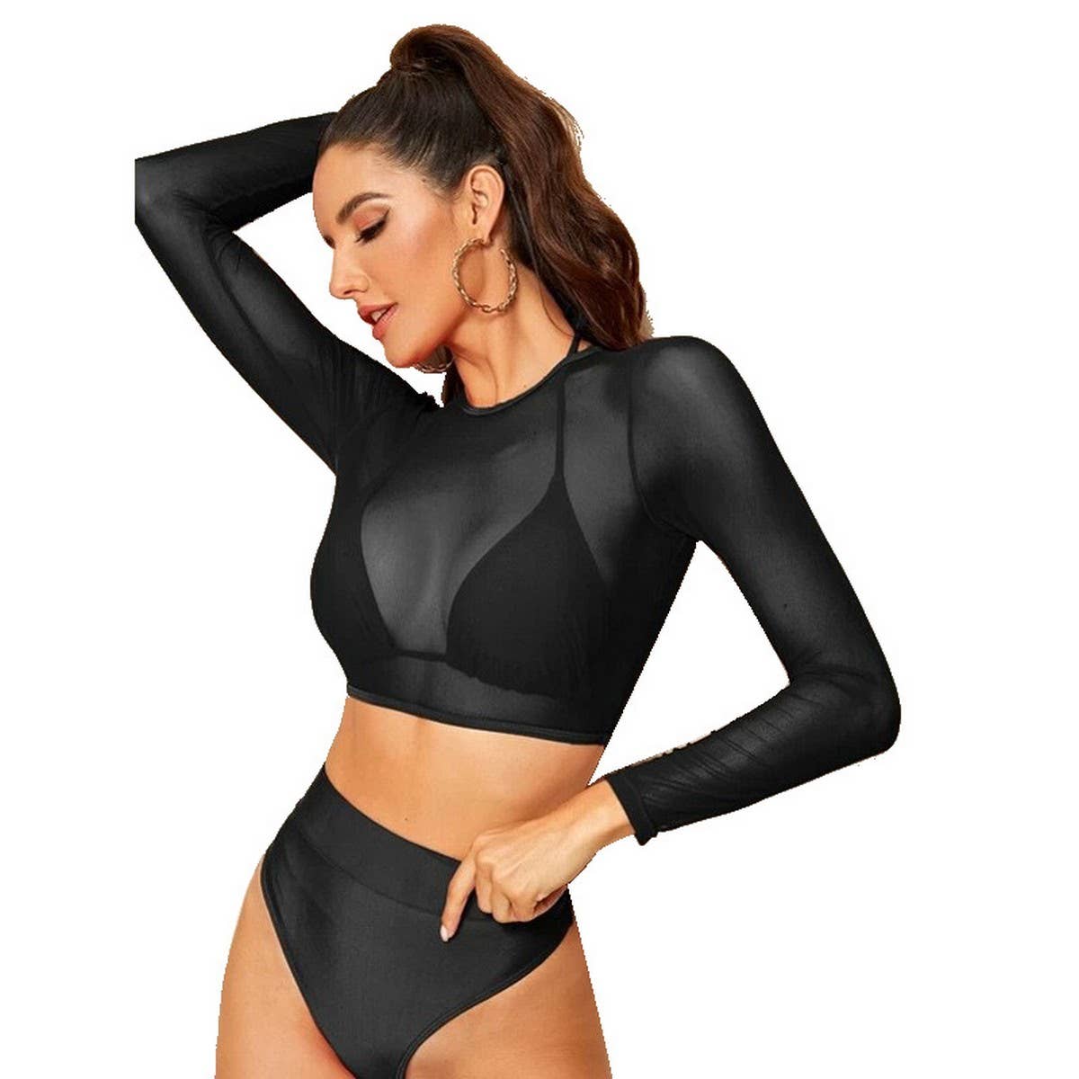 Long Sleeve Cover-Up Bikini Set - High Waist Swimsu