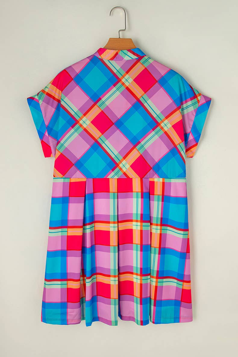 LOOSE COLORED PLAID SHORT-SLEEVED DRESS