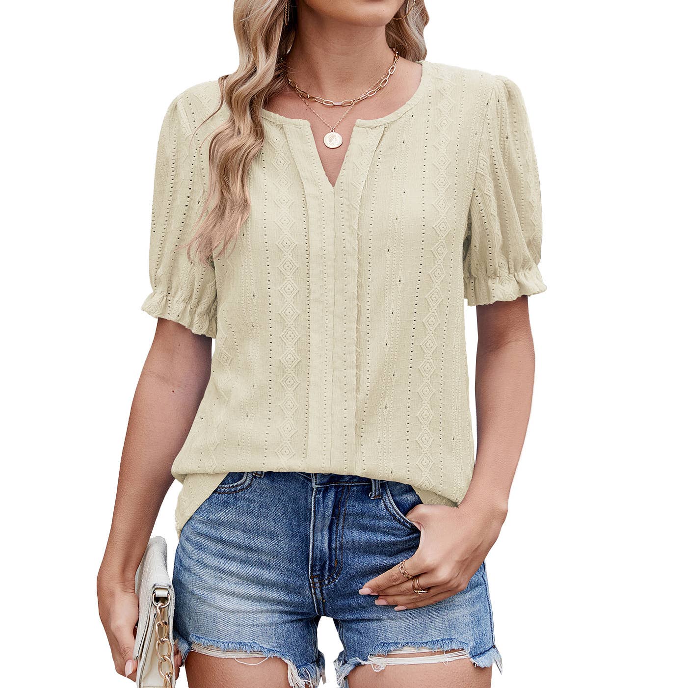 V-neck ruffled short sleeved solid color T-shirt