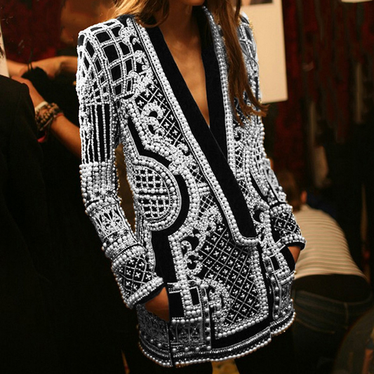 Stylish V-Neck Beaded Print Blazer Jacket_CWOCO1215