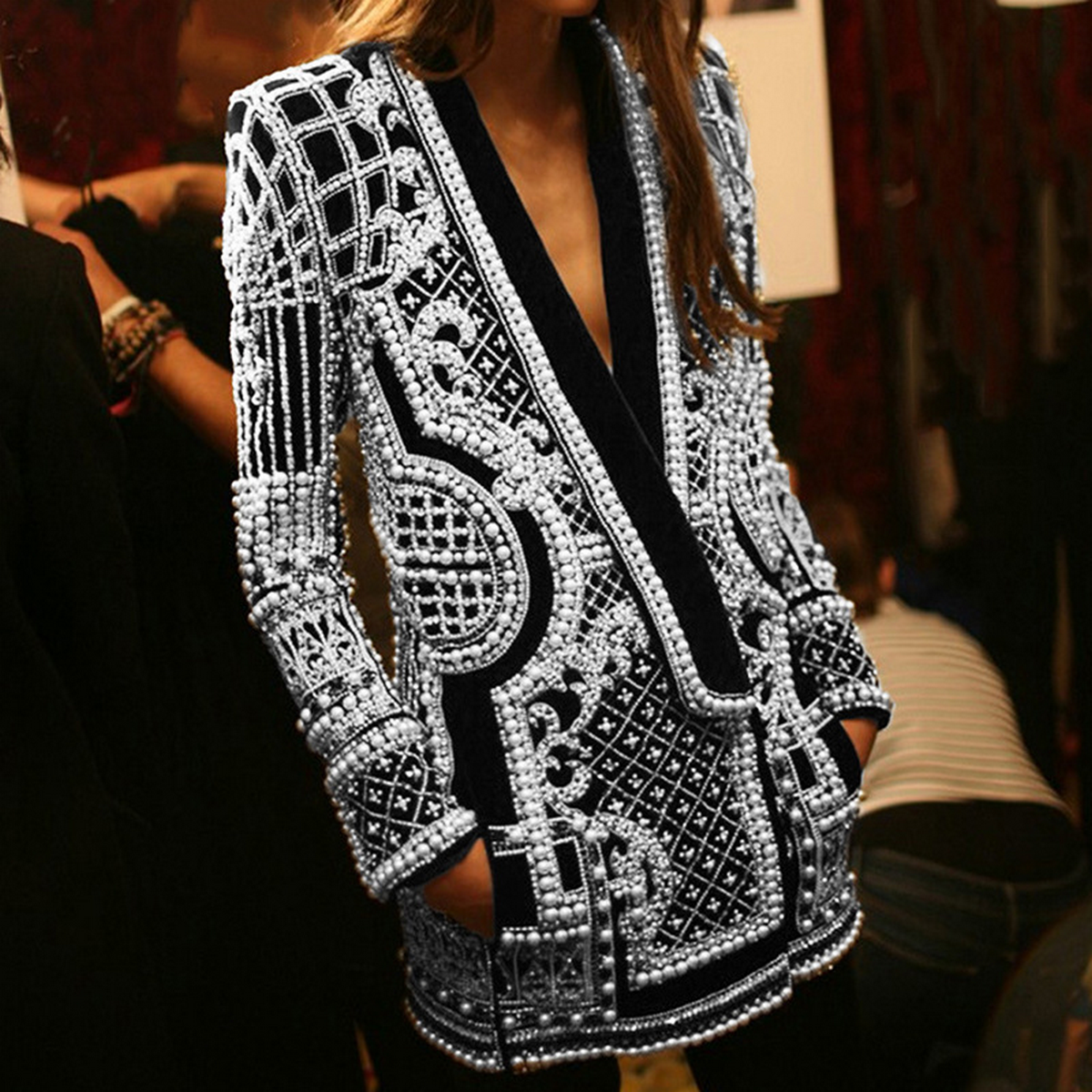 Stylish V-Neck Beaded Print Blazer Jacket_CWOCO1215