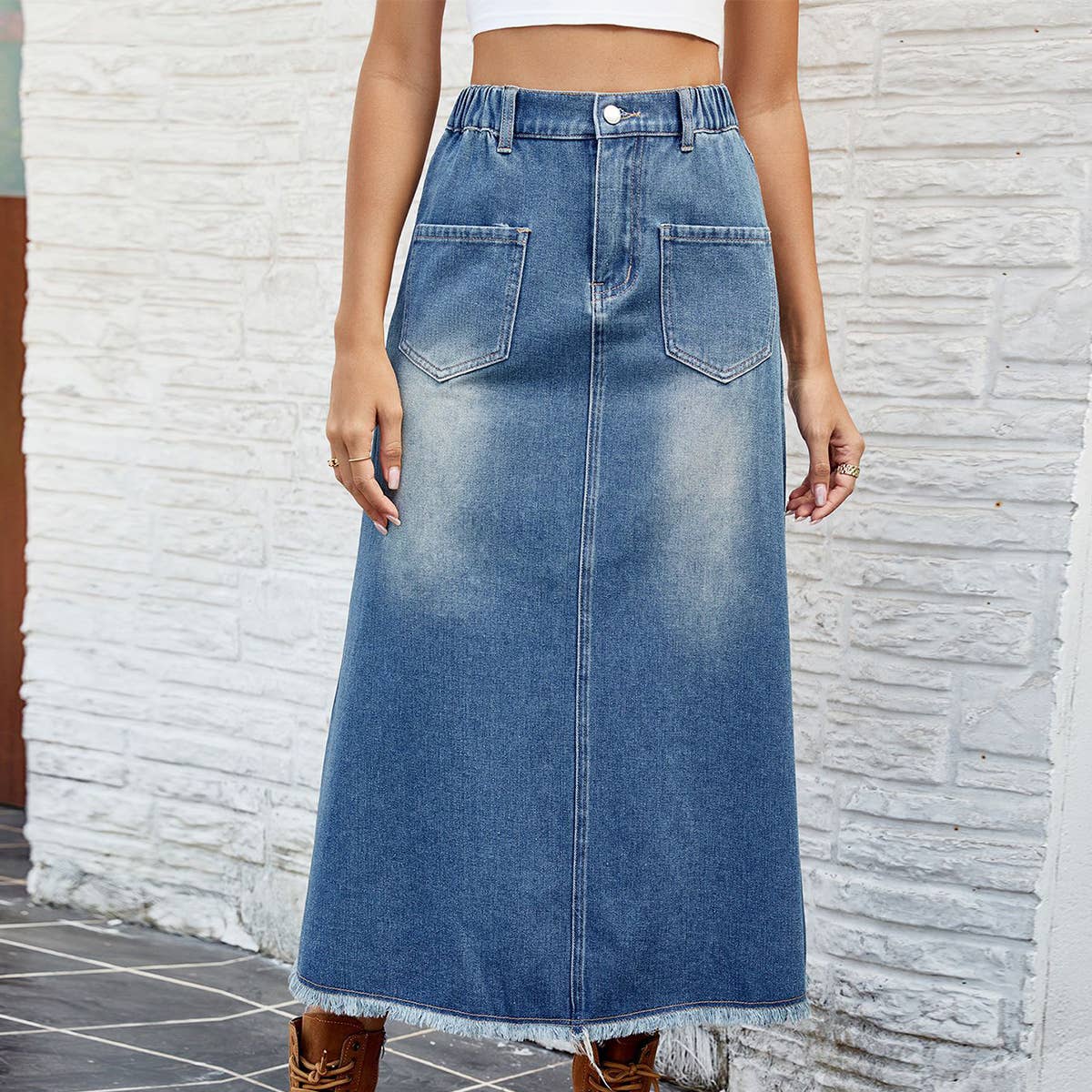 WASHED DENIM SKIRT WITH RAW HEM MIDI