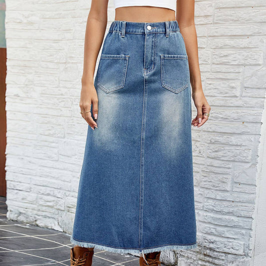 WASHED DENIM SKIRT WITH RAW HEM MIDI