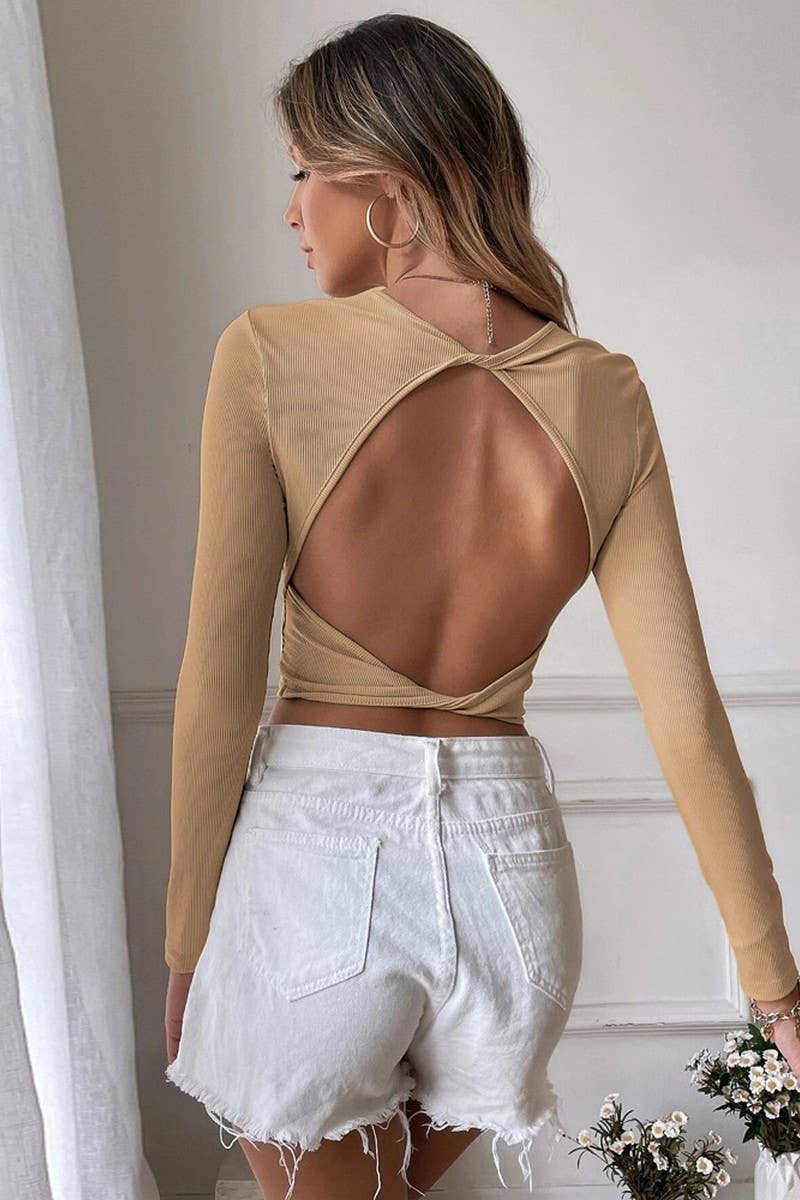 SEXY HALTER BACK SLIM KNIT LONG SLEEVE T SHIRT_CWTSTL1094