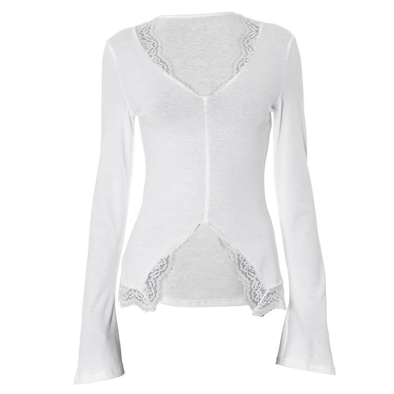 SOLID COLOR V-NECK SEXY LACE PATCHWORK TOP