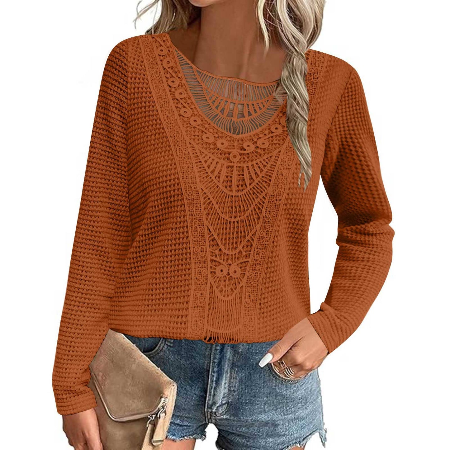 Solid-color teak lace patchwork top T-shirt
