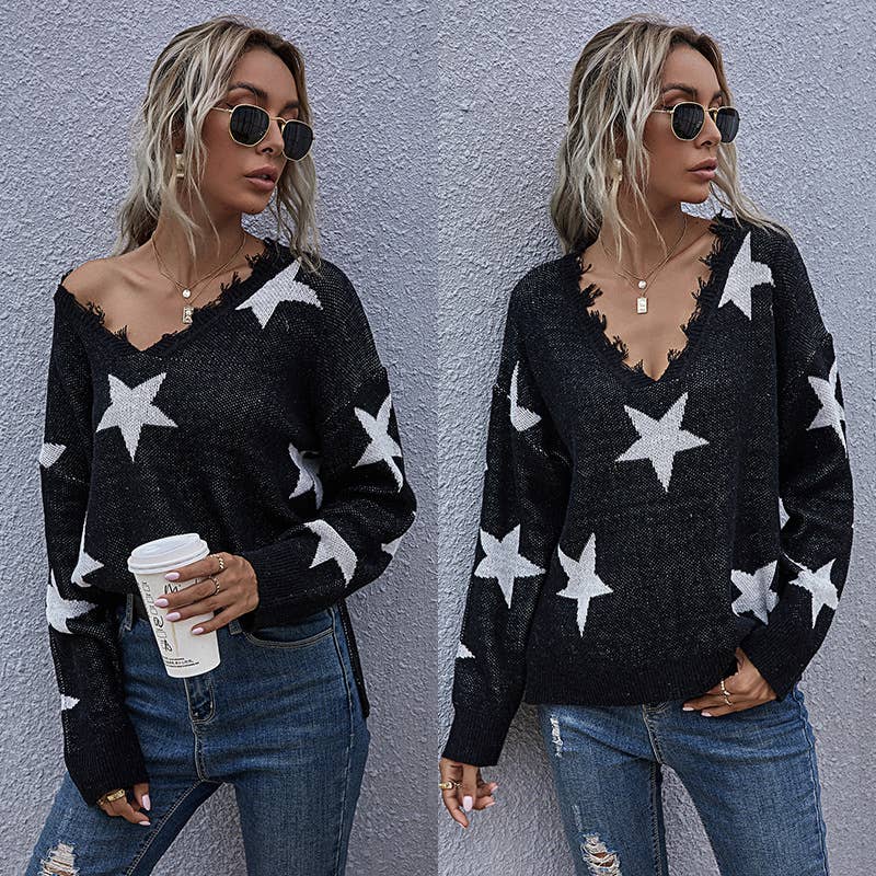 V-neck star jacquard fringed knitted sweater