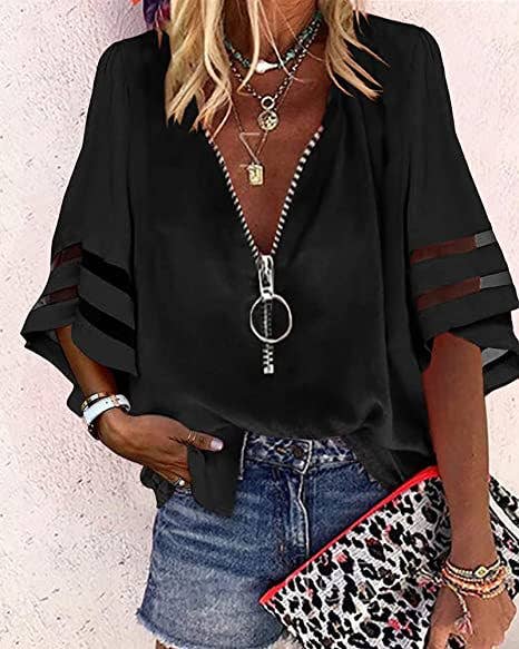 V-neck zipper half horn sleeve mesh loose shirt