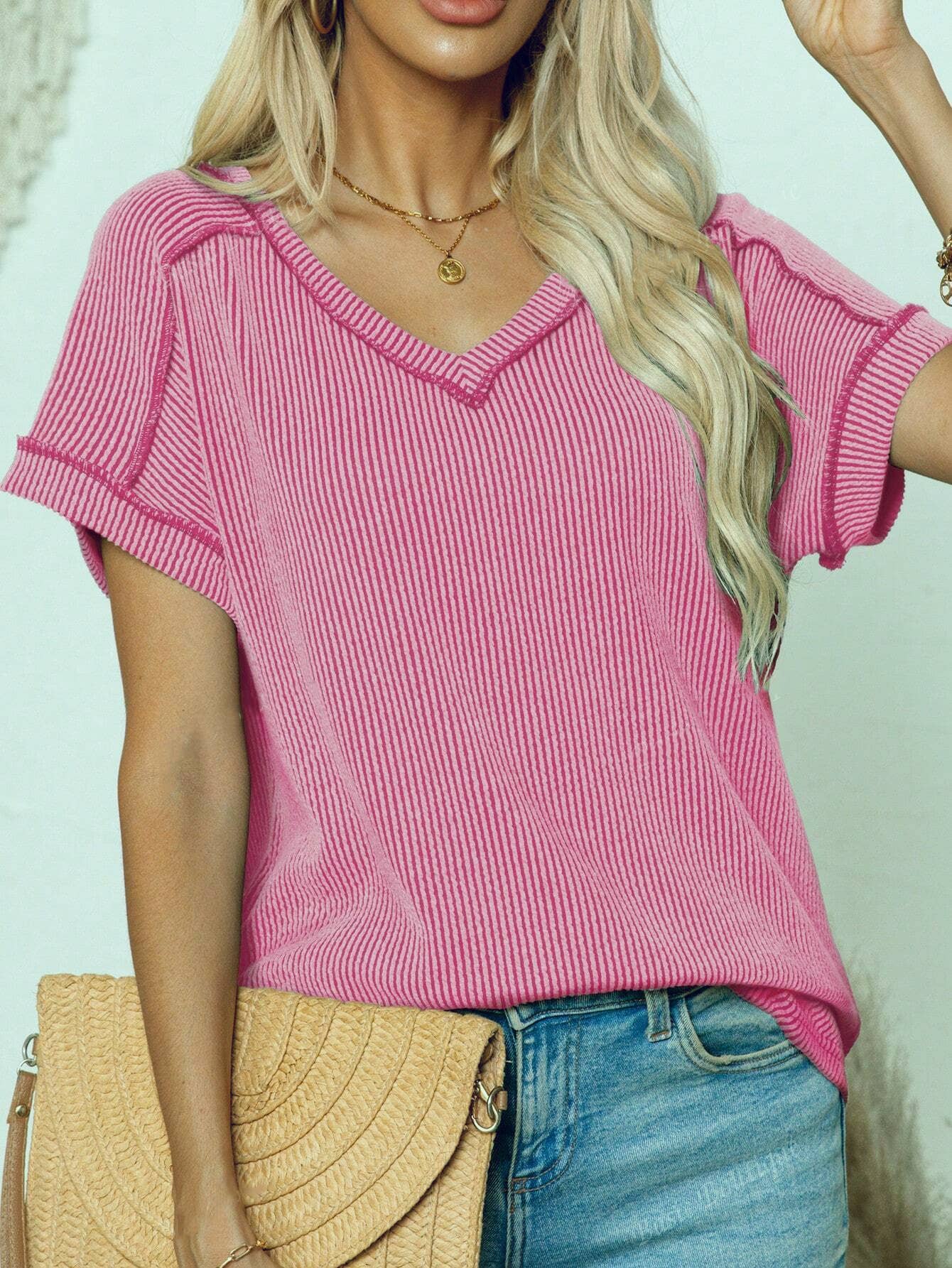 Women¡¯s fashion colorblock twist V-neck tee