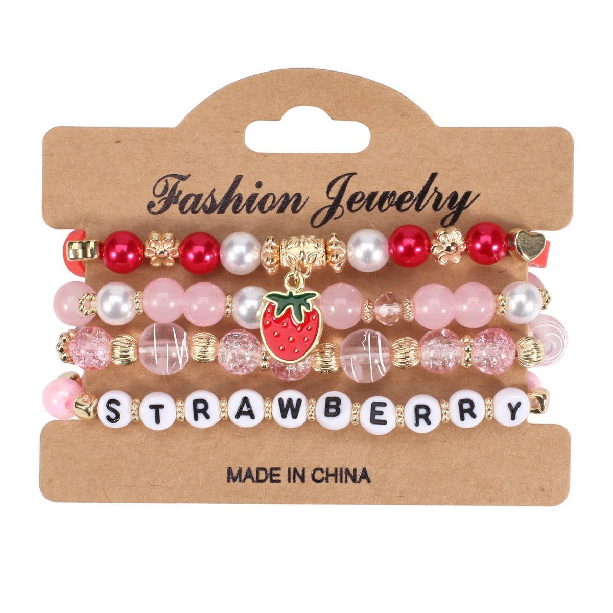 CWMM10452_CUTE STRAWBERRY FRUIT CHARM BEADED BRACELET SET