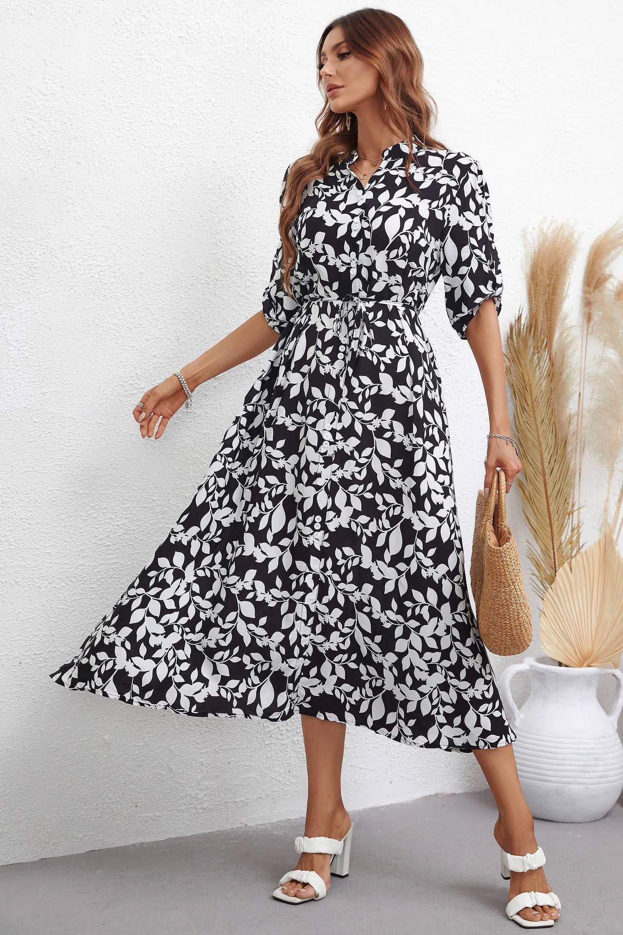 SHIRT COLLAR MID-SLEEVE WAISTBAND LONG DRESS