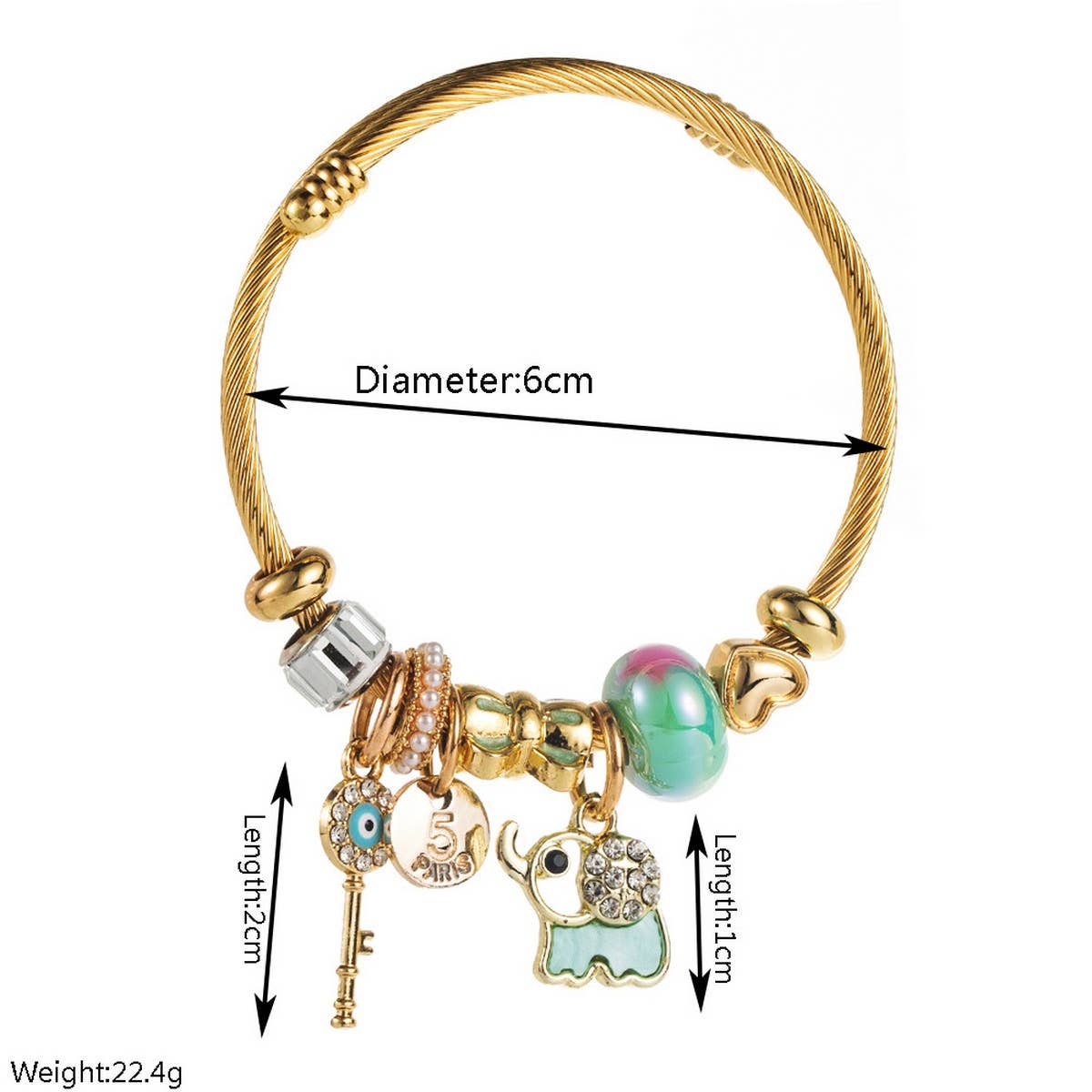 Trendy Elephant Key Letter Beaded Steel Bracelet