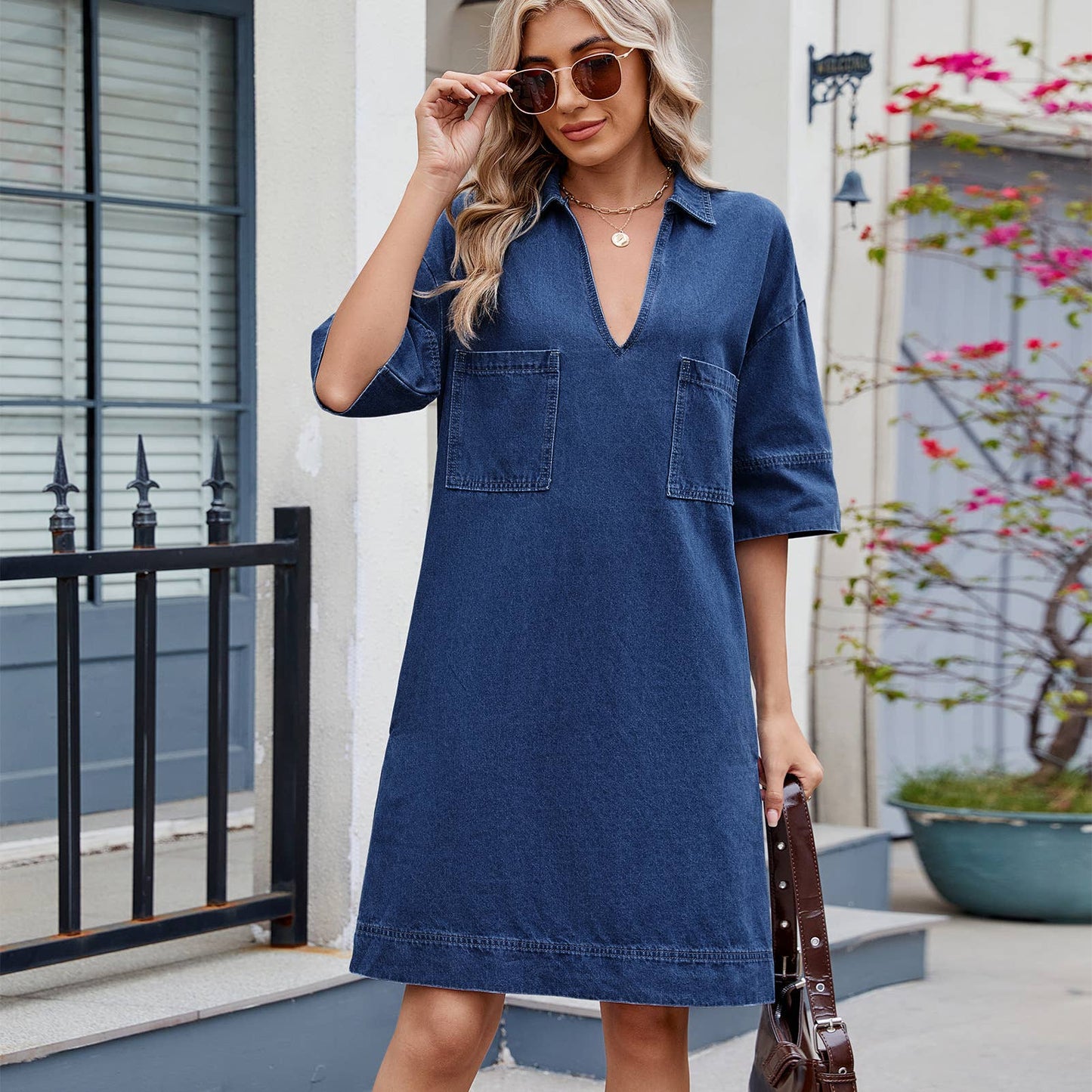 V-neck lapel loose solid color denim dress