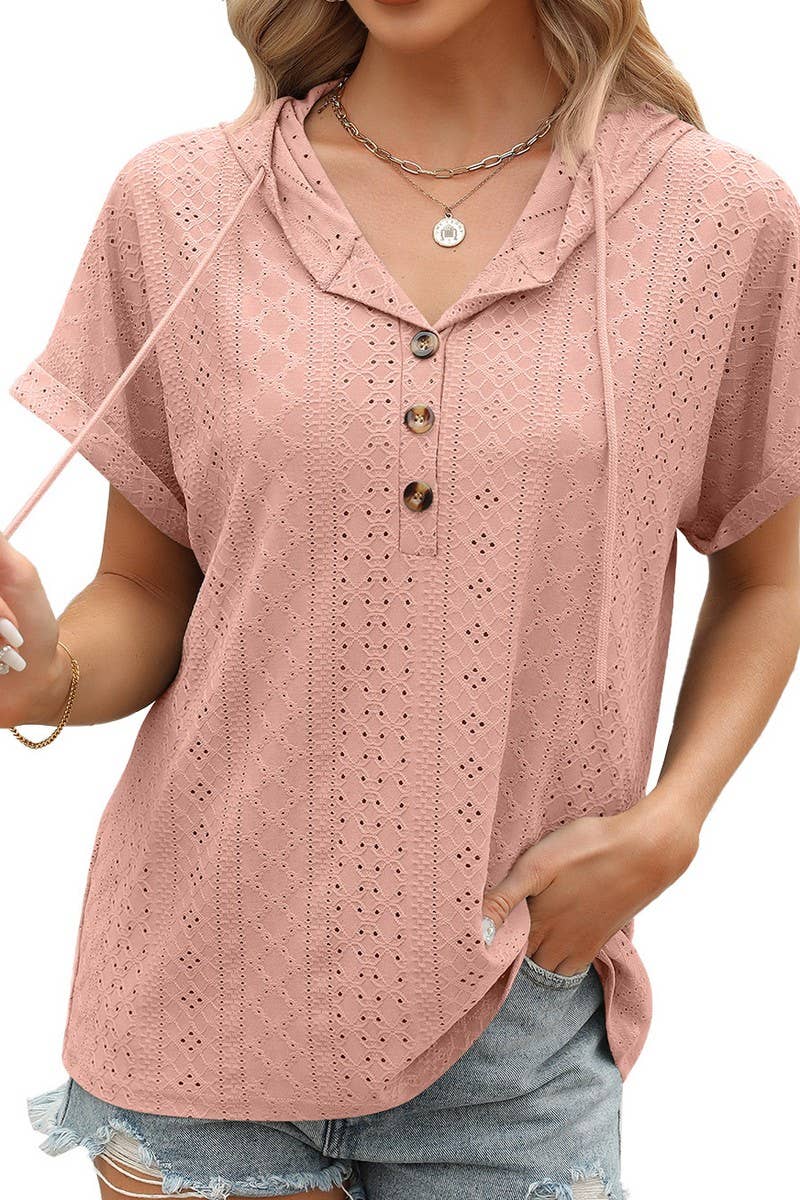 SOLID COLOR BUTTON DOWN SHORT SLEEVE HOODIE_CWOHOS0013