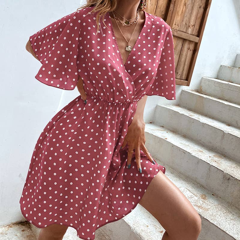 TEMPERAMENT V-NECK PRINT POLKA DOT DRESS