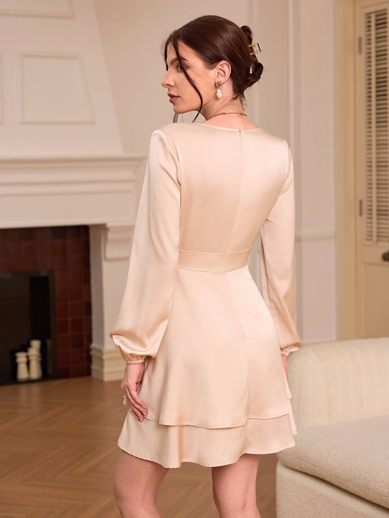 Elegant Satin V-Neck Dress with Puff Sleeves