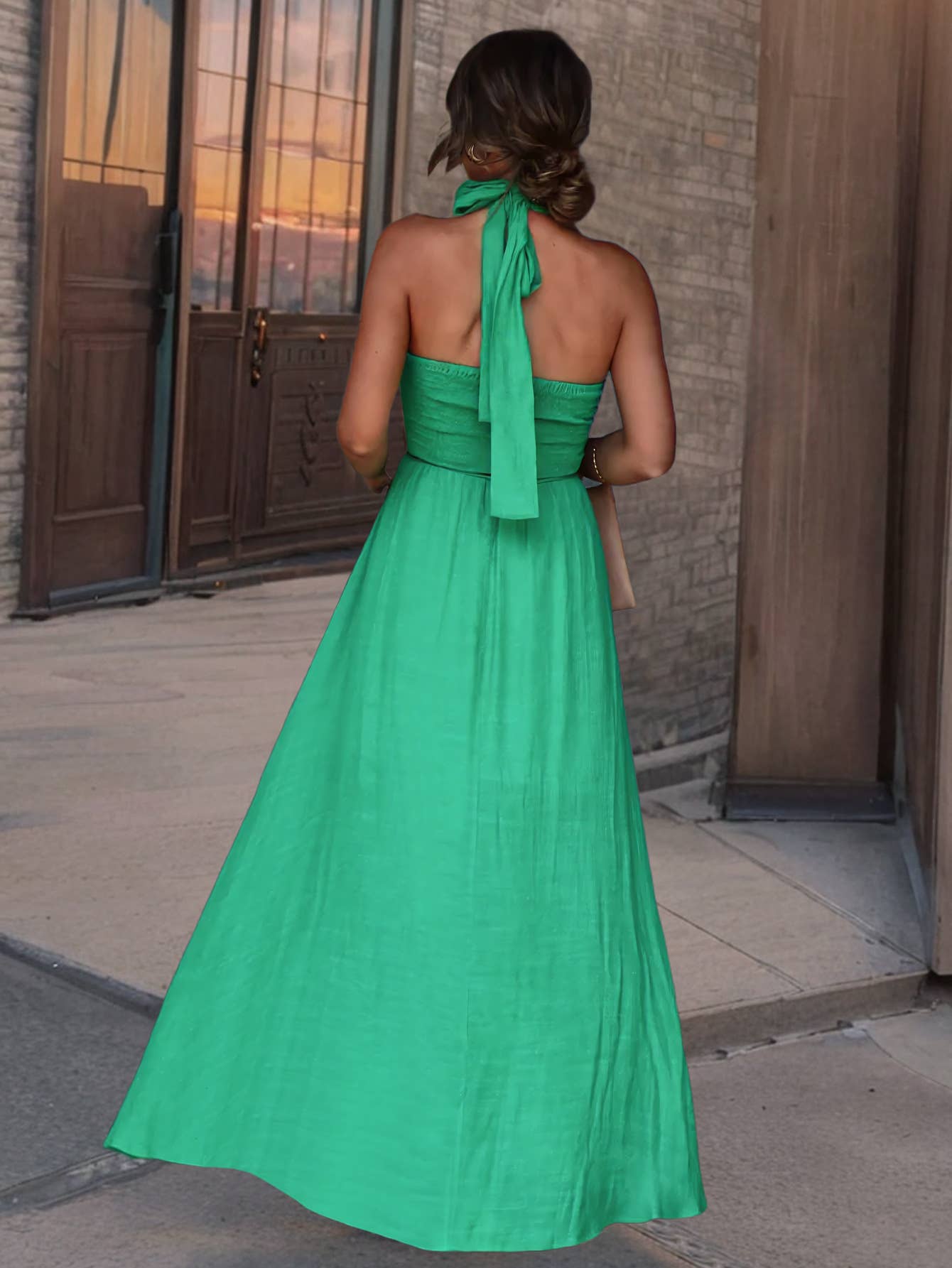 Sexy Backless Waist-Tied Halter Slit Maxi Dress