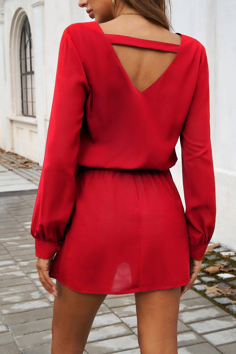 CWDSD5613_V-NECK SOLID COLOR PUFF SLEEVE DRESS